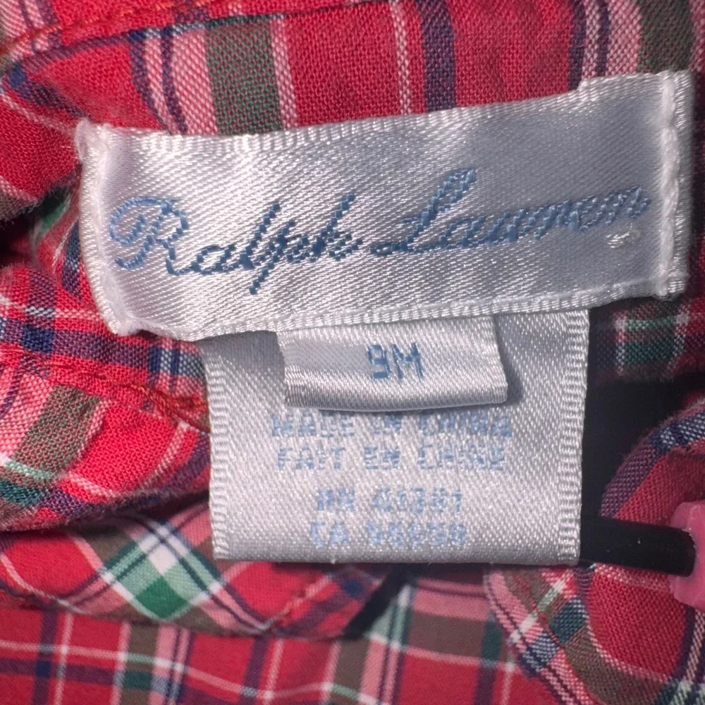 Ralph Lauren Western Shirt Boys 9M Red Green Plaid Pearl Snap Long Sleeve Cotton
